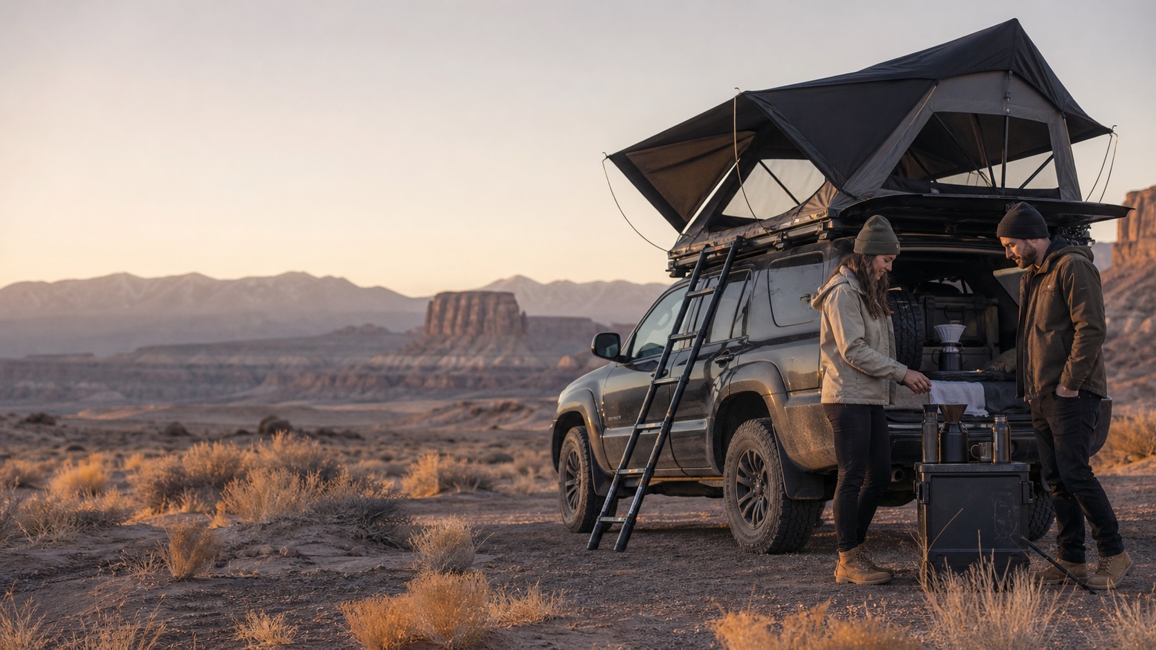 Friends preparing coffee beside an unbranded rooftop tent at sunrise
